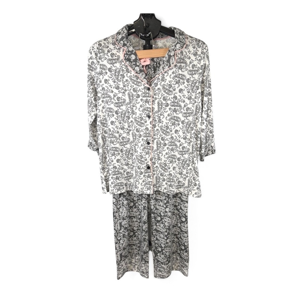 Cuddl Duds Womens Paisley Pajama Set Black White Pink 3/4 Sleeve Small